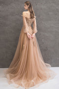 Champagne tulle lace long prom dress champagne tulle lace evening dress