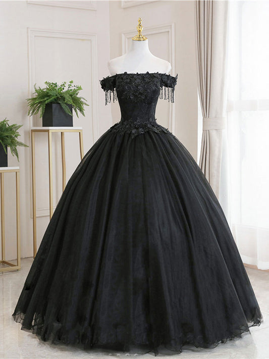 Black tulle lace long prom dress, black tulle lace bridesmaid dress