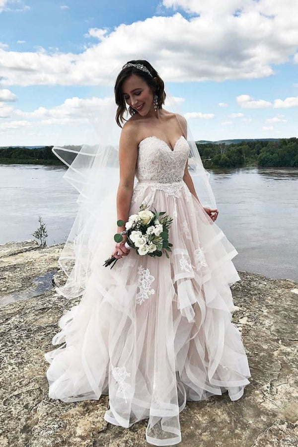 Light champagne tulle lace long prom dress, tulle lace wedding dress