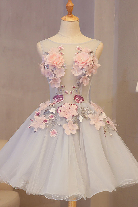 Cute round neck applique short prom dress, homecoming dress