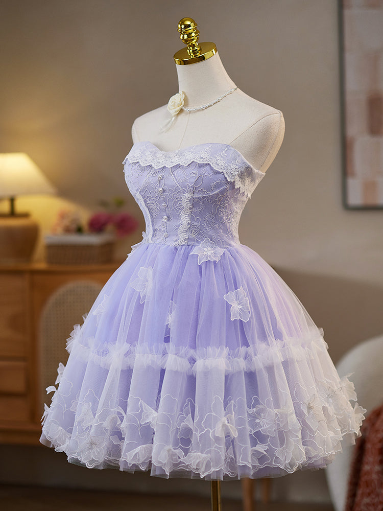 Sweetheart Neck Tulle Lace Purple Short Prom Dress, Purple Homecoming Dress