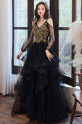 Black sweetheart tulle lace long prom dress black evening dress