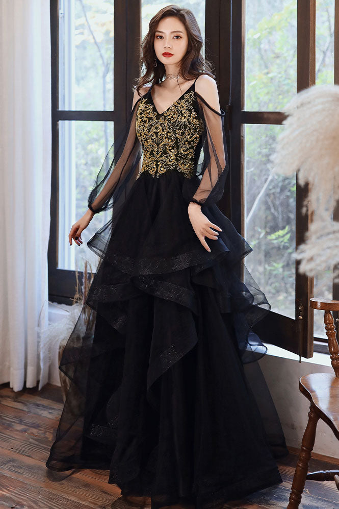 Black sweetheart tulle lace long prom dress black evening dress
