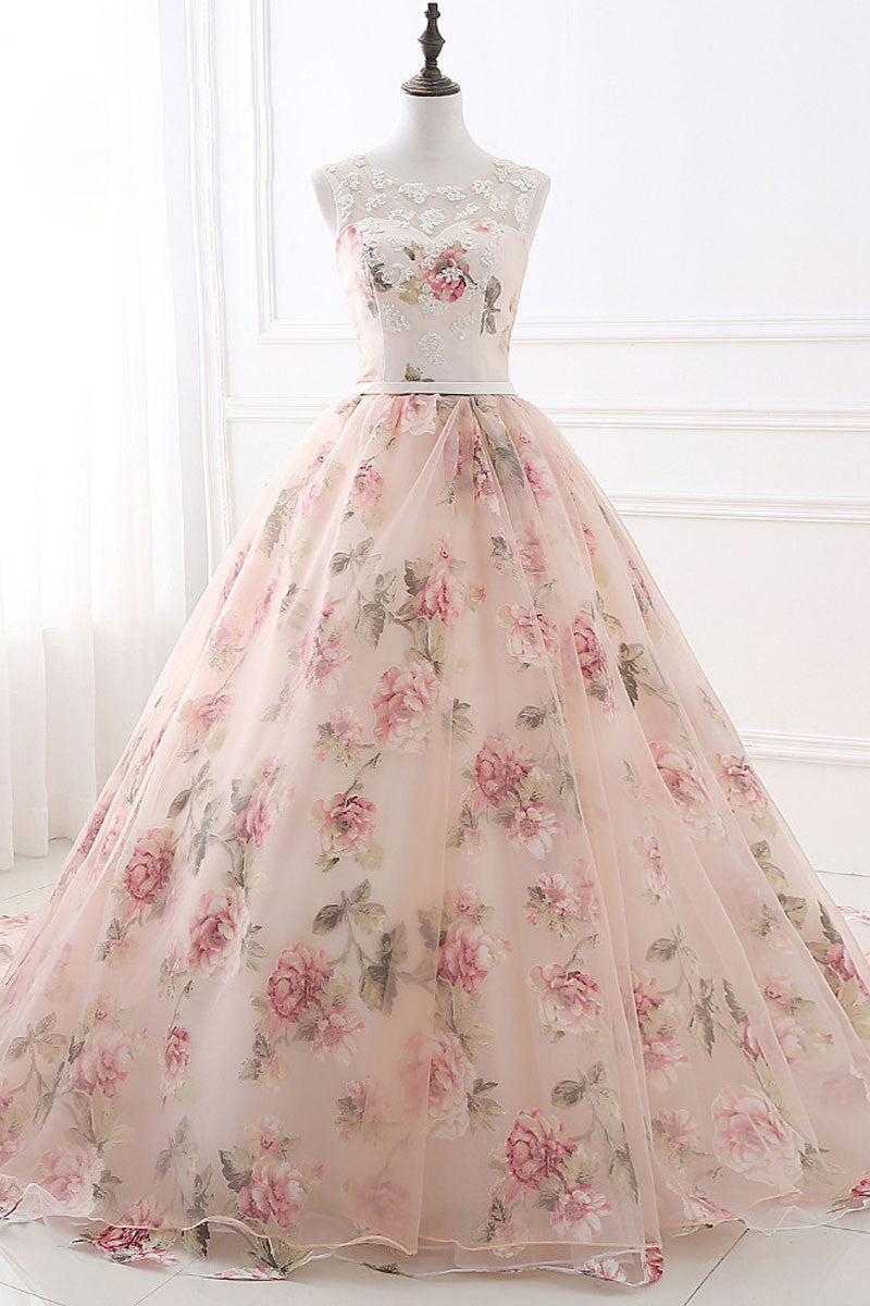 Unique round neck printing long prom gown, evening dress