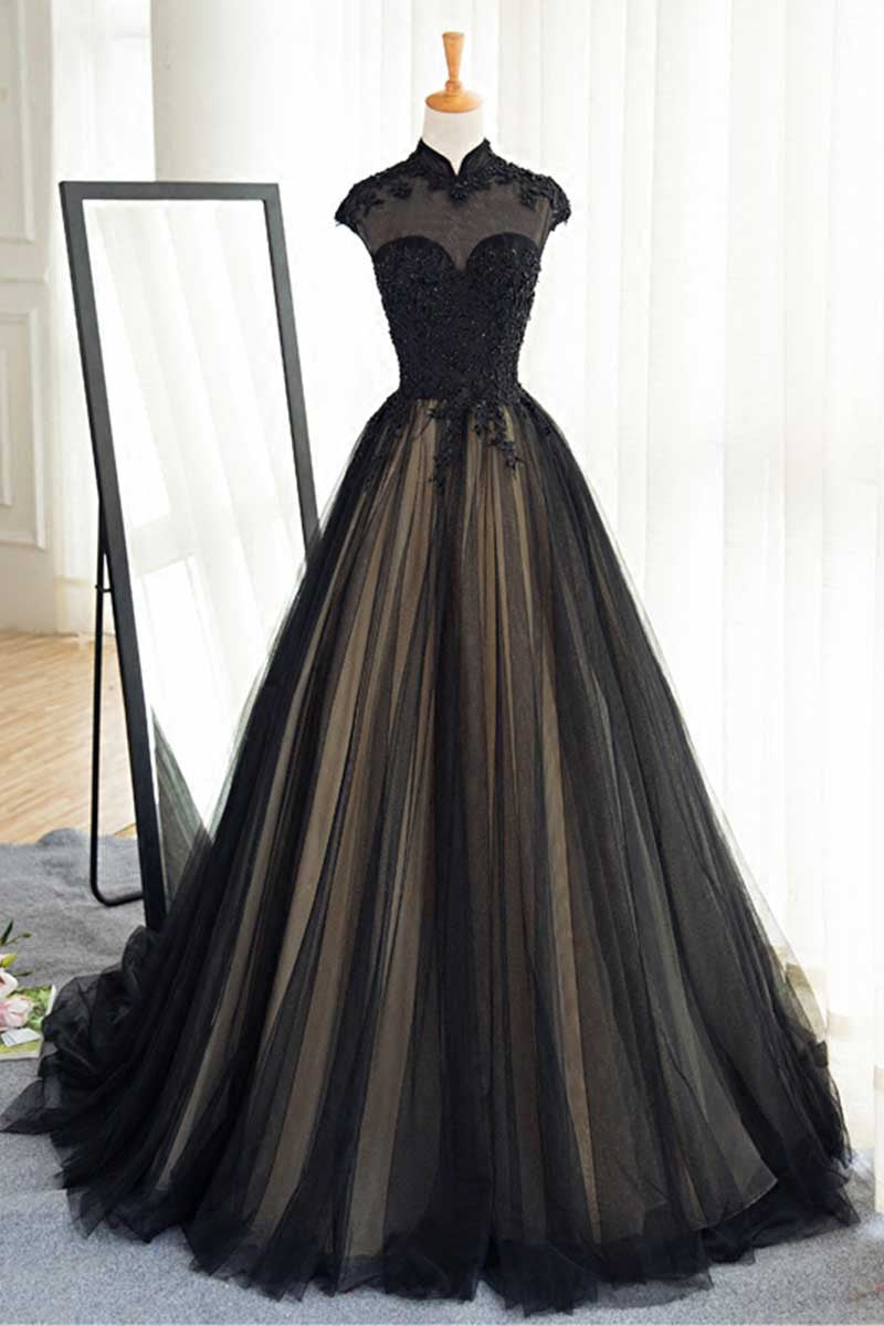 Black tulle lace long prom dress, black tulle evening dress