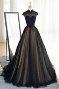 Black tulle lace long prom dress, black tulle evening dress