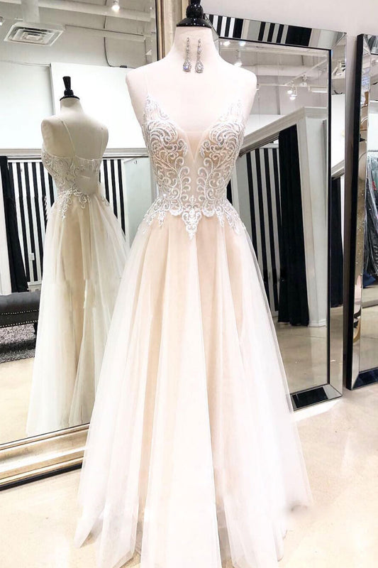 Light champagne sweetheart neck tulle lace long prom dress