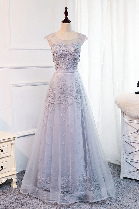 Gray round neck tulle lace applique long prom dress, gray evening dress
