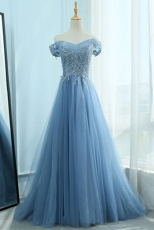 Blue off shoulder tulle lace long prom dress, blue evening dress