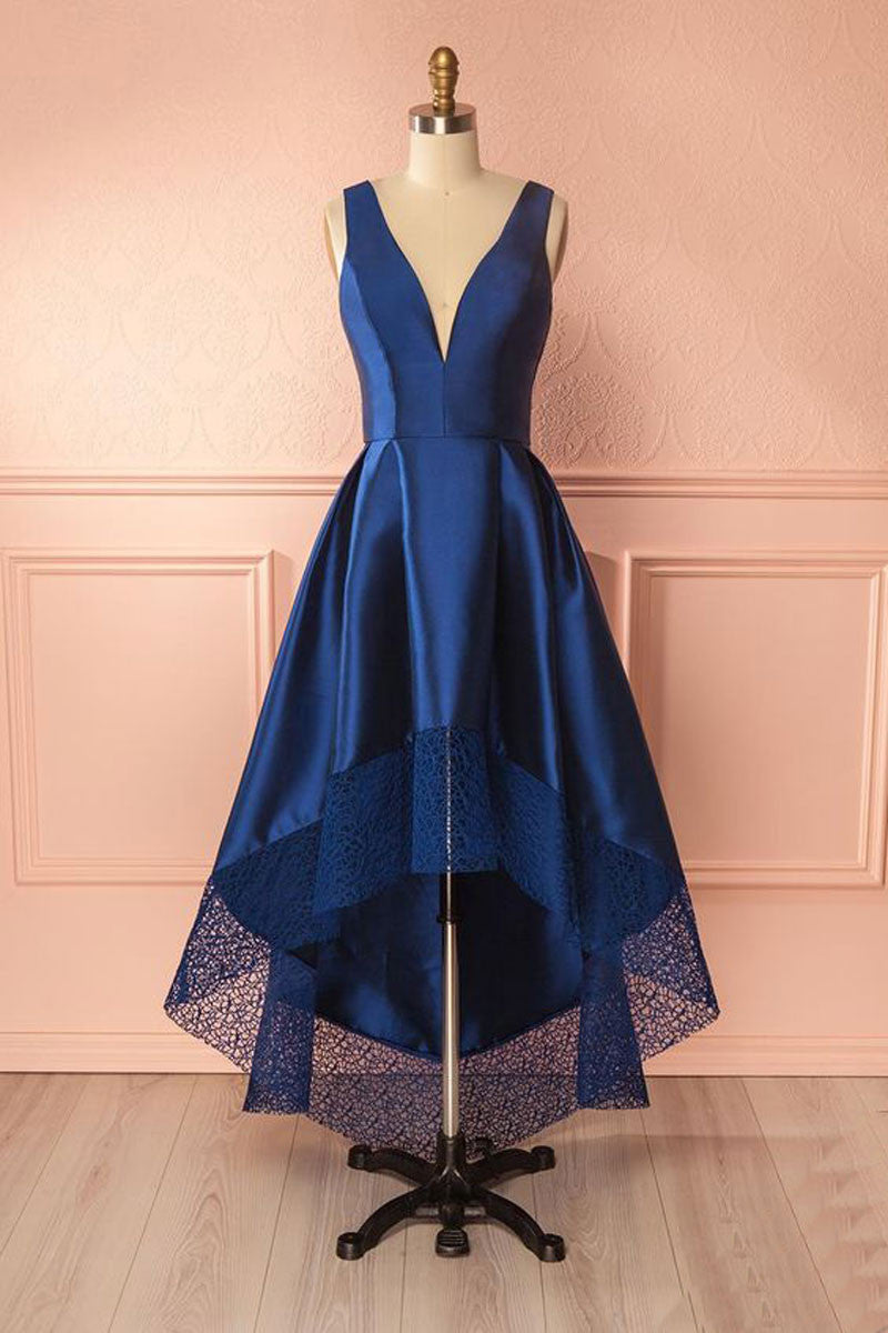 Dark blue v neck high low prom dress, dark blue bridesmaid dress