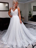 White v neck tulle sequin long prom dress, white tulle formal dress