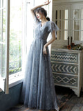 Blue v neck tulle long prom dress, blue lace evening dress