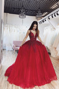 Burgundy v neck tulle lace long prom dress burgundy tulle formal dress