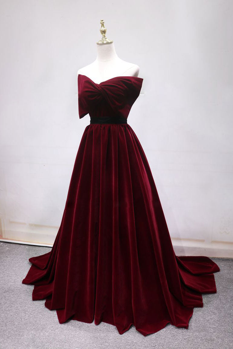 Simple burgundy long prom dress, burgundy long evening dress