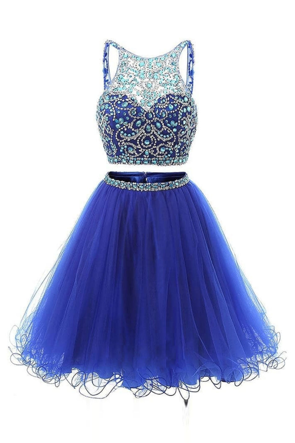 Blue two pieces tulle beads short prom dress, blue homecoming dress