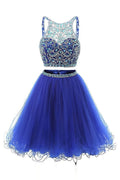 Blue two pieces tulle beads short prom dress, blue homecoming dress