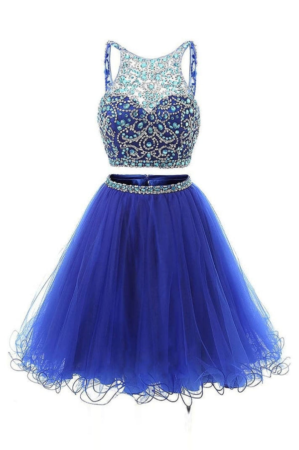 Blue two pieces tulle beads short prom dress, blue homecoming dress