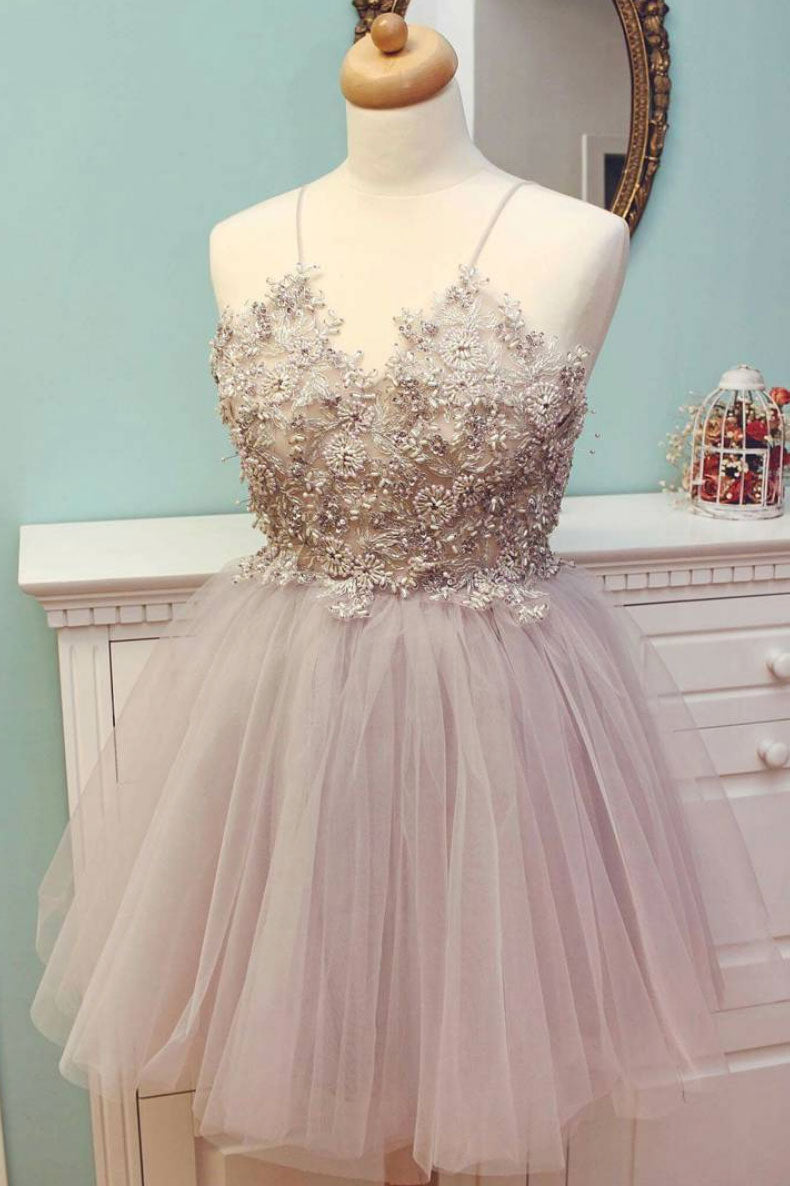 Cute v neck tulle beads short prom dress, cute homecoming dress