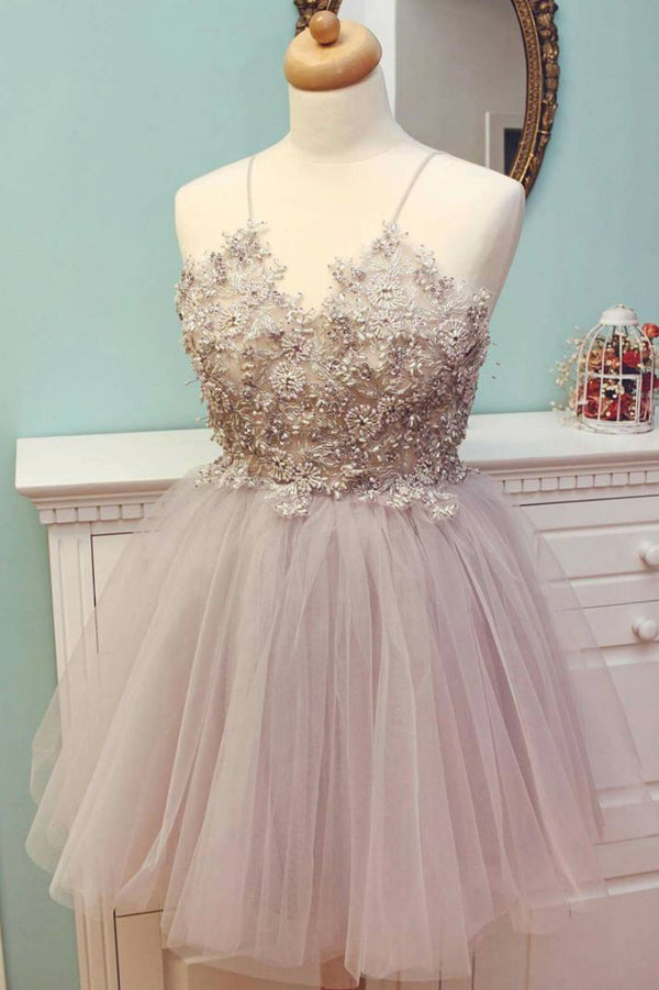 Cute v neck tulle beads short prom dress, cute homecoming dress