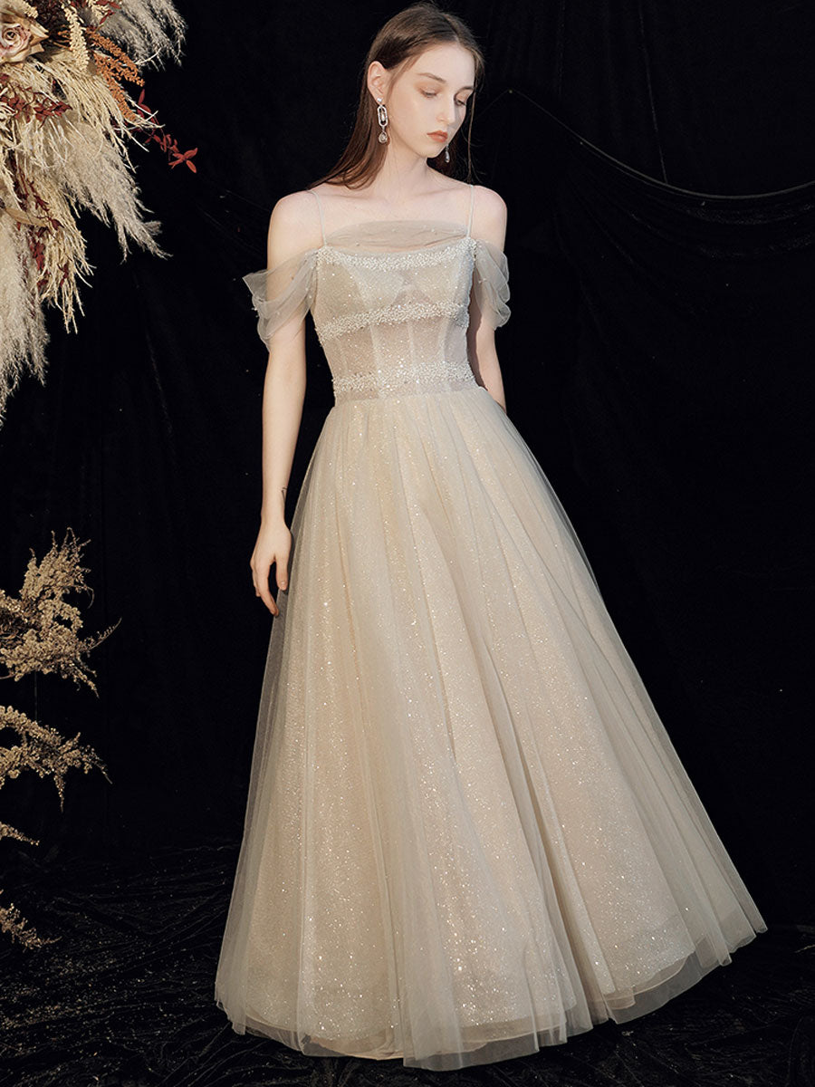 Champagne tulle sequin long prom dress, tulle formal dress