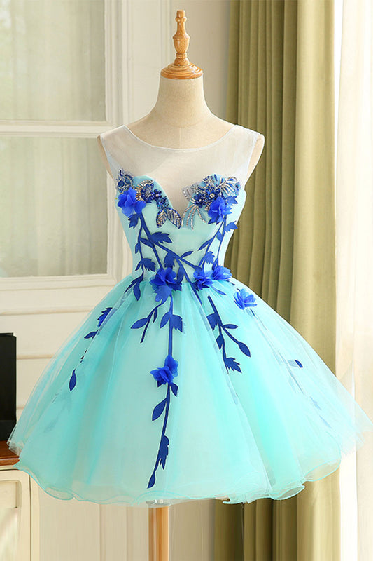 Cute blue organza short prom dress, cute homecoming dress