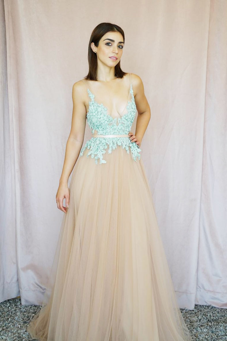 Unique v neck tulle lace long prom dress, champagne evening dress