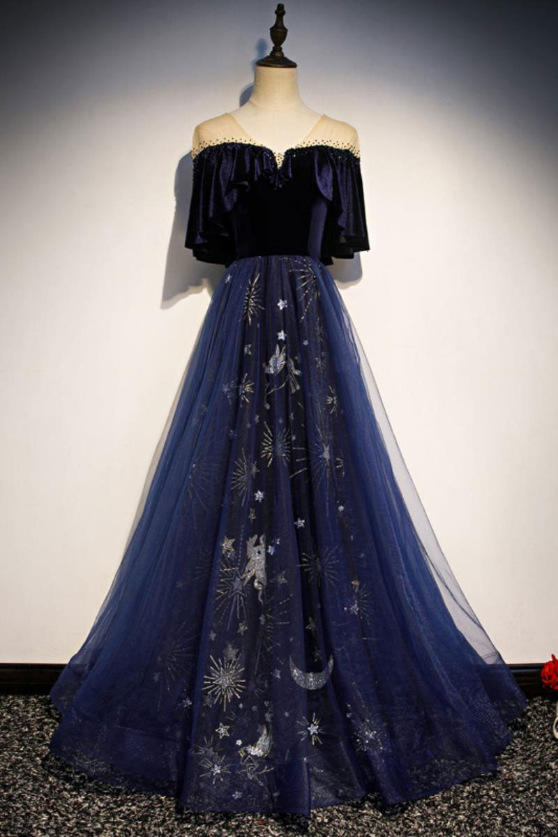 Blue tulle lace long prom dress, blue tulle evening dress