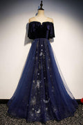 Blue tulle lace long prom dress, blue tulle evening dress