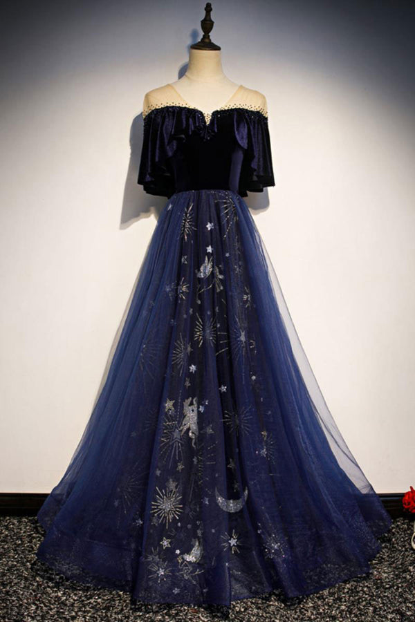 Blue tulle lace long prom dress, blue tulle evening dress