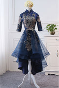 Dark blue lace applique short prom dress, blue evening dress