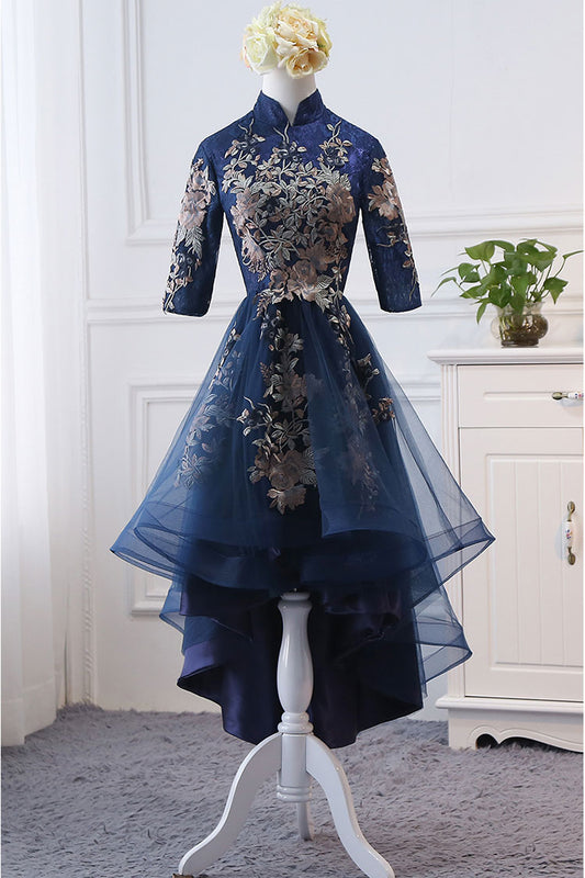 Dark blue lace applique short prom dress, blue evening dress