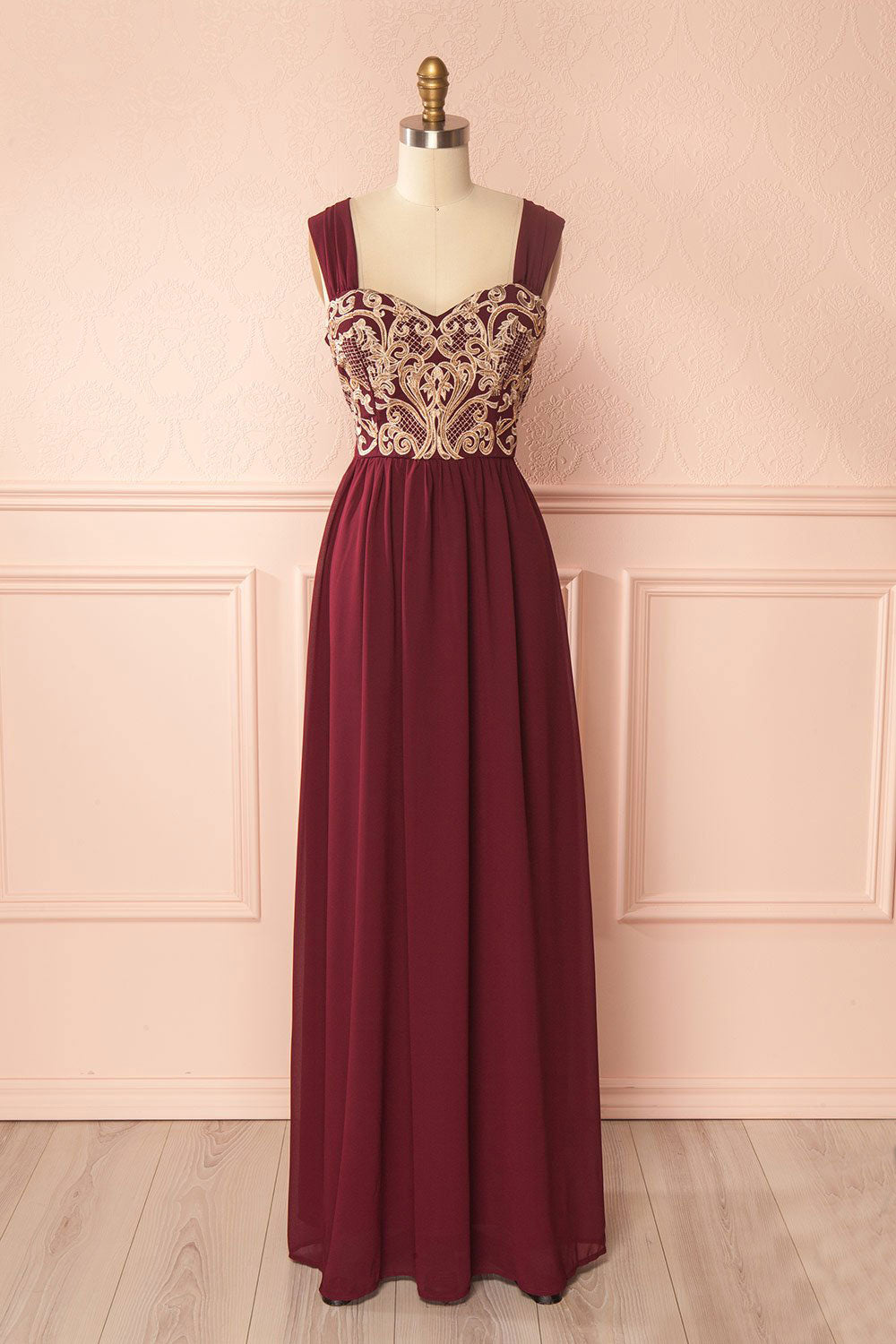 Burgundy chiffon lace applique long prom dress, burgundy evening dress