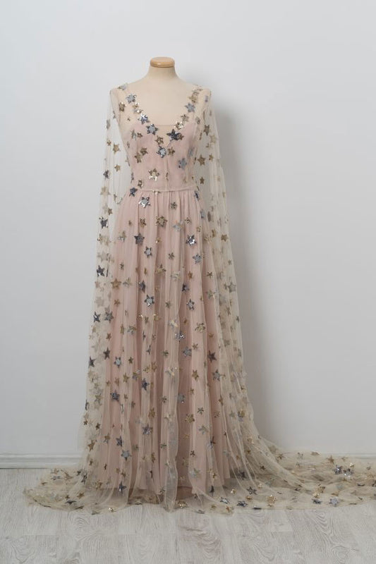 Champagne v neck tulle long prom dress, champagne tulle evening dress