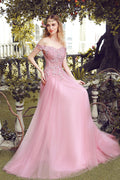 Pink off shoulder lace tulle long prom dress, pink bridesmaid dress