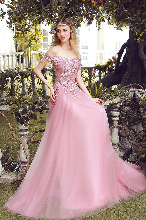 Pink off shoulder lace tulle long prom dress, pink bridesmaid dress