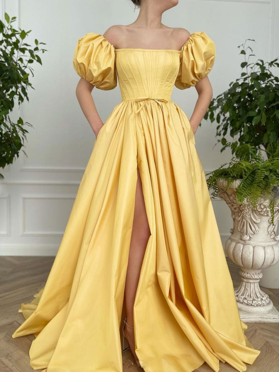 Simple yellow satin long prom dress, yellow evening dress