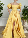 Simple yellow satin long prom dress, yellow evening dress