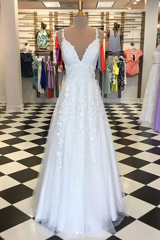 White v neck tulle lace applique long prom dress, white evening dress