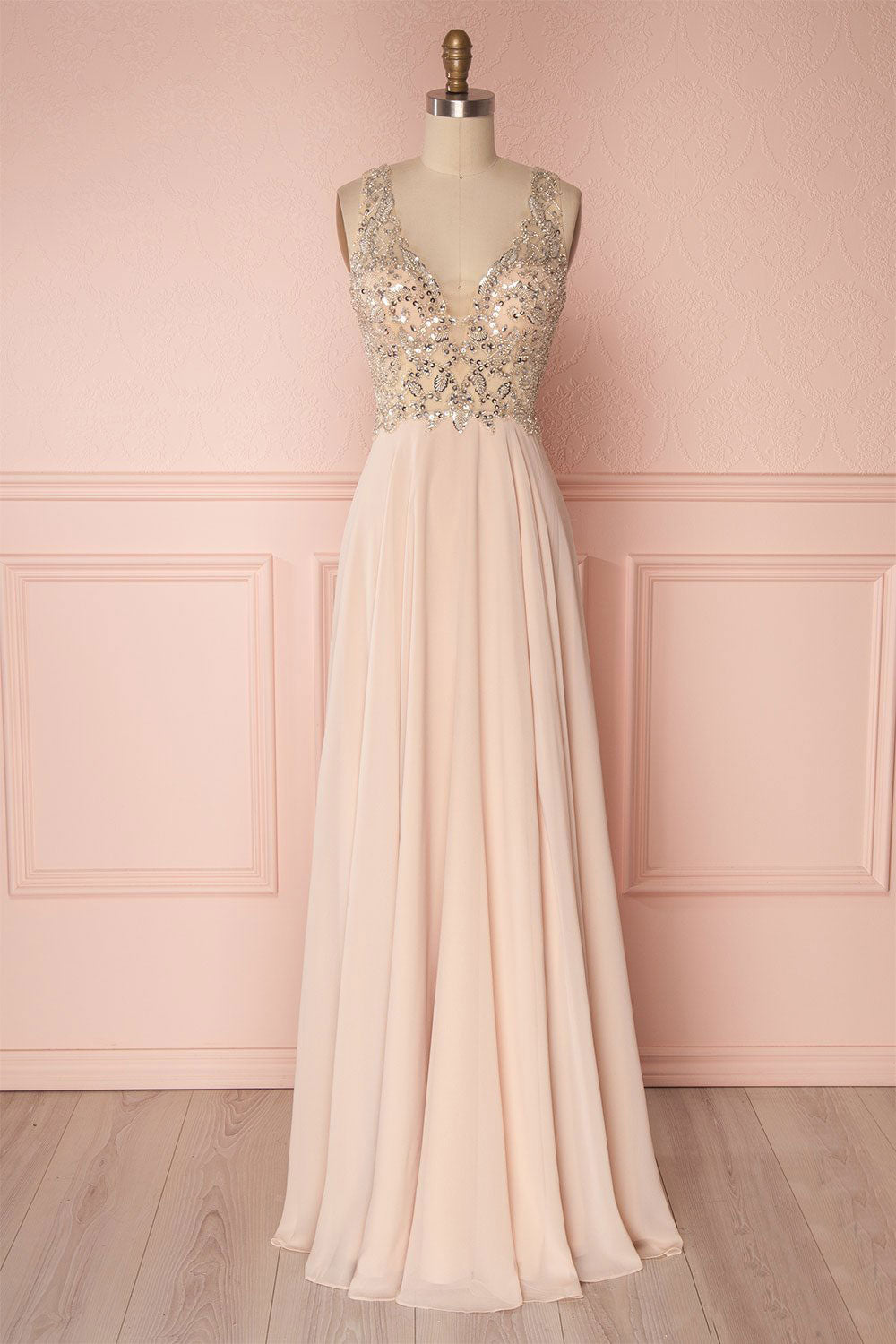 Pink v neck beads sequin long prom dress, pink evening dress