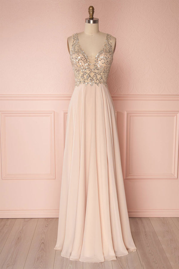 Pink v neck beads sequin long prom dress, pink evening dress