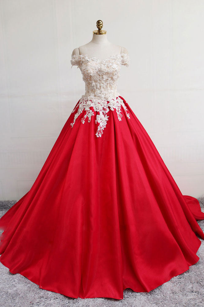 Red satin lace long prom dress, red evening dress