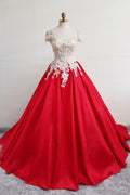 Red satin lace long prom dress, red evening dress