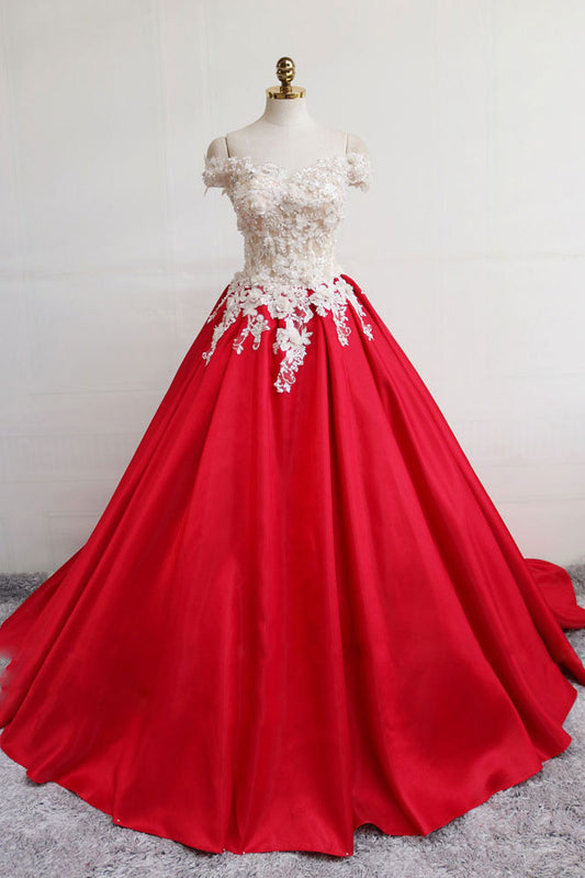 Red satin lace long prom dress, red evening dress