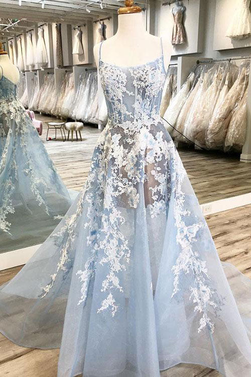 Blue tulle lace long prom dress, blue tulle lace evening dress