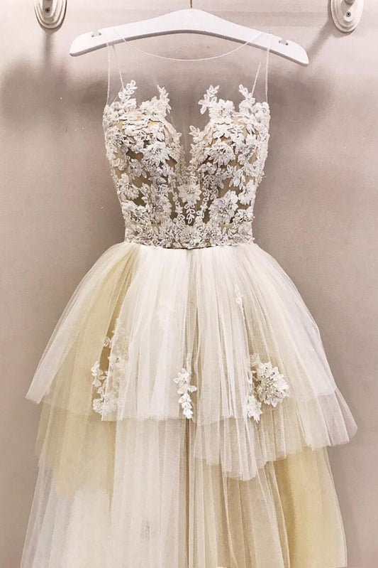 Unique round neck champagne tulle lace long prom dress, wedding dress