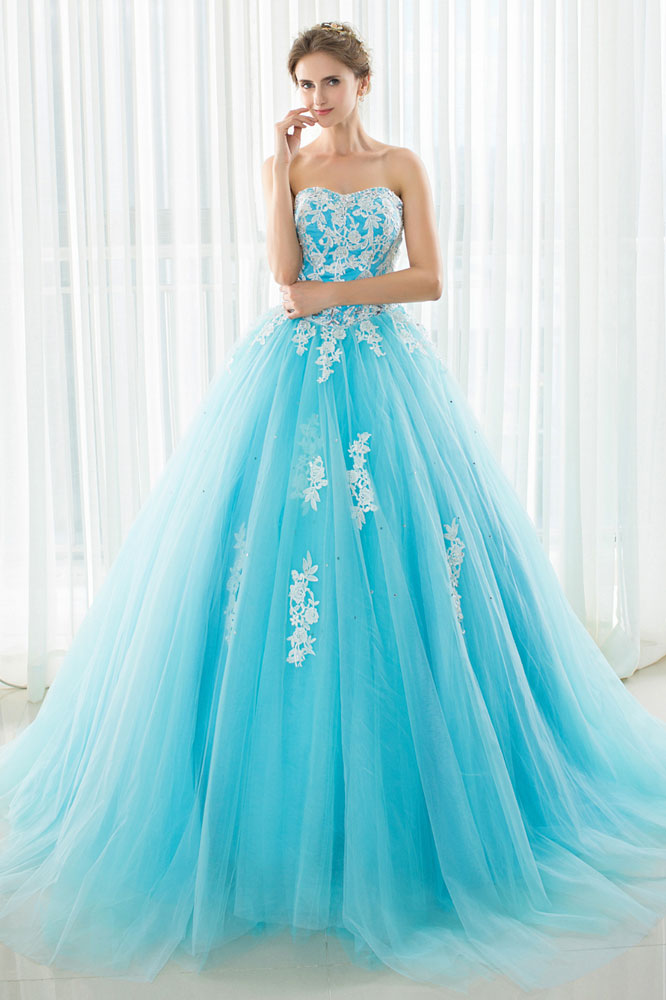 Blue tulle lace applique long prom dress, blue evening dress