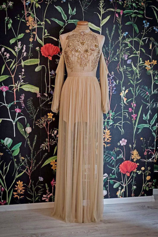 Champagne tulle lace long prom dress, champagne evening dress