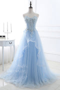 Blue sweetheart tulle long prom dress, blue evening dress