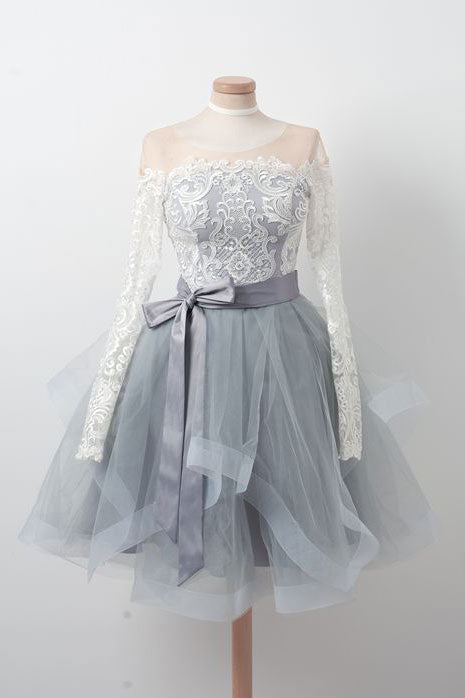 Gray round neck tulle lace short prom dress, gray homecoming dress