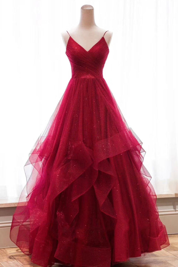 Burgundy v neck tulle long prom dress, burgundy evening dress